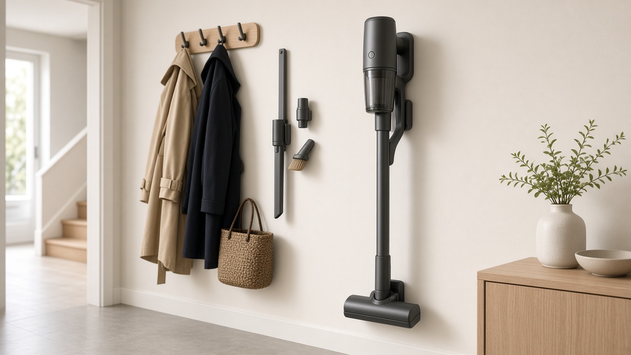 Steelstofzuiger in een wandhouder naast een stopcontact en haken met accessoires