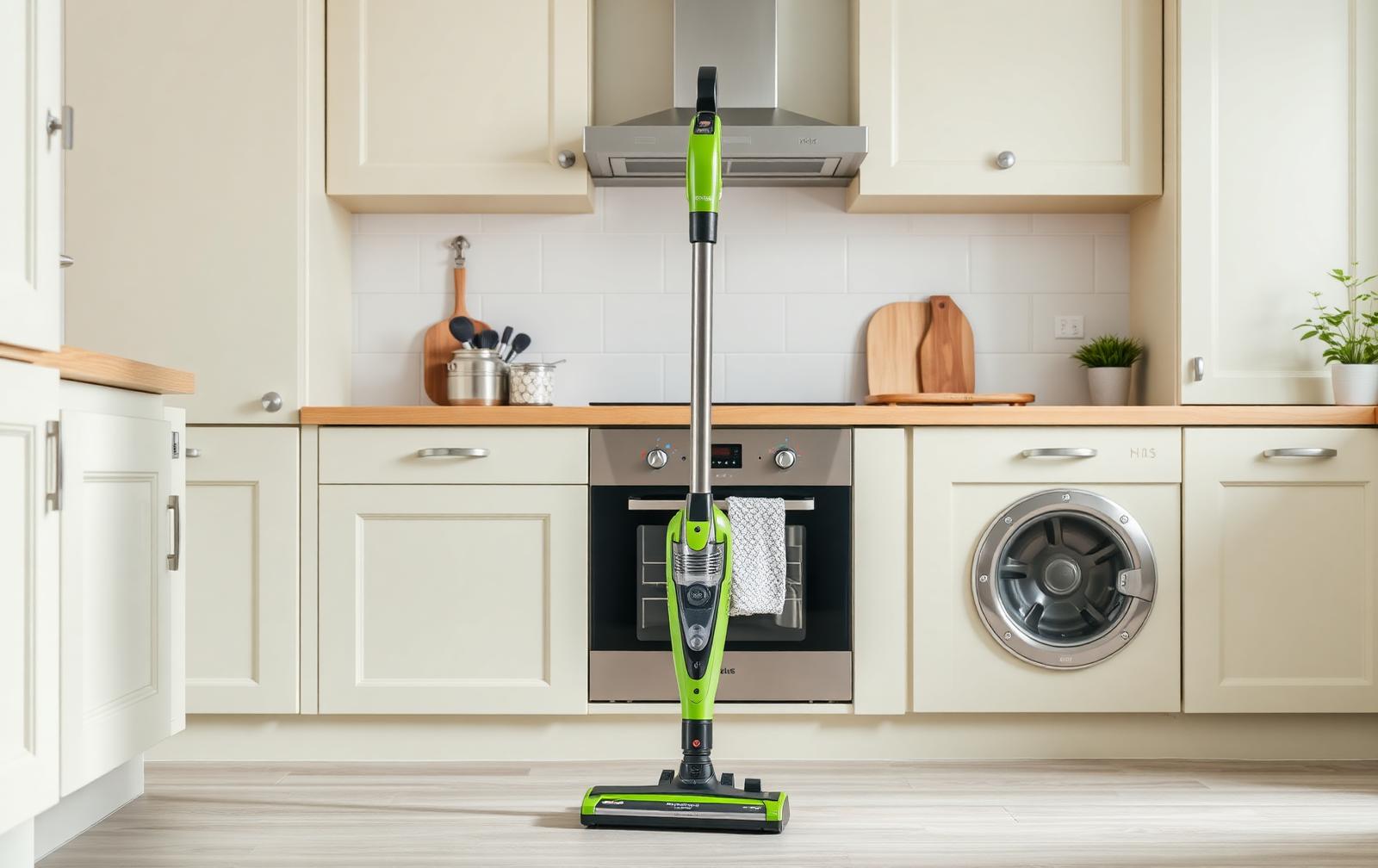 Groen-grijze steelstofzuiger in een lichte keuken