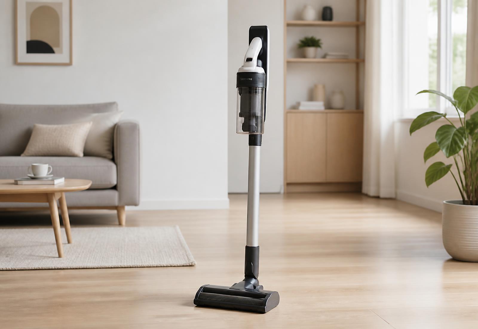 Draadloze steelstofzuiger in een lichte, moderne woonkamer